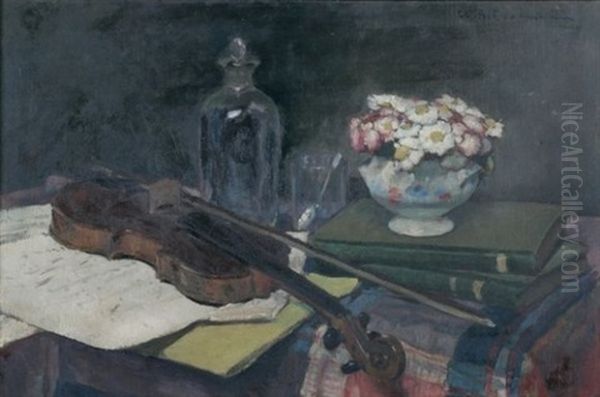 Nature Morte Au Violon Oil Painting by Charles-Auguste Edelmann