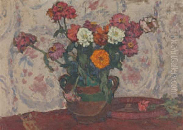 Stillleben Mit Blumen (+ Flusslandschaft Mit Boot Und Pferdekarren, Verso) Oil Painting by Charles-Auguste Edelmann