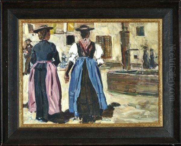 Tiroler Frauen In Tracht In Ruckenansicht Mit Dorfbrunnen Oil Painting by Carl Ederer