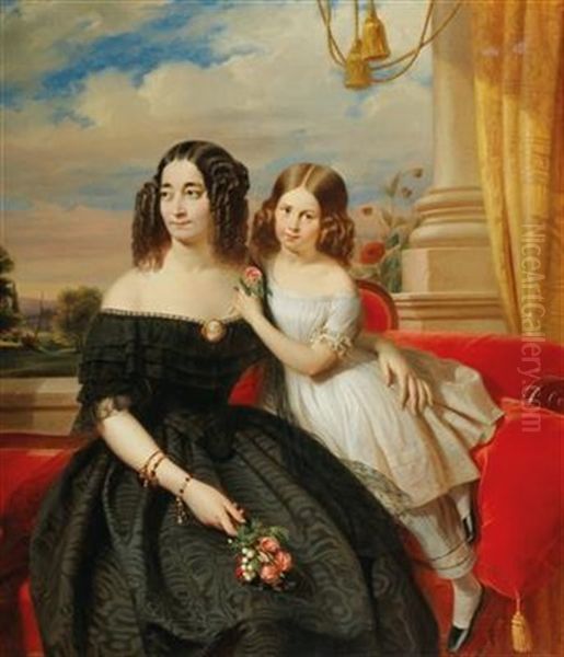 Madame Chesnaye And Her Daughter Oil Painting by Jacques Joseph Eeckhout