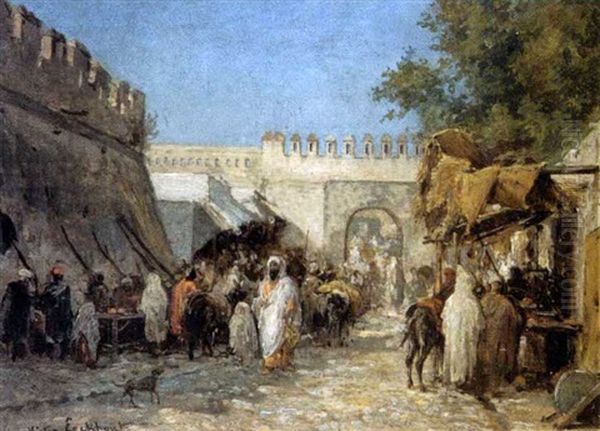 Les Souks Devant Les Remparts Oil Painting by Victor Eeckhout