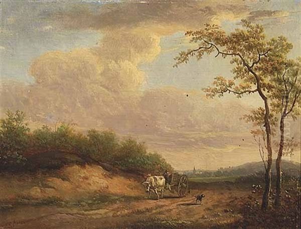 Landscape With Dunes And Ox-drawn Wagon Oil Painting by J. R. van Eeghen