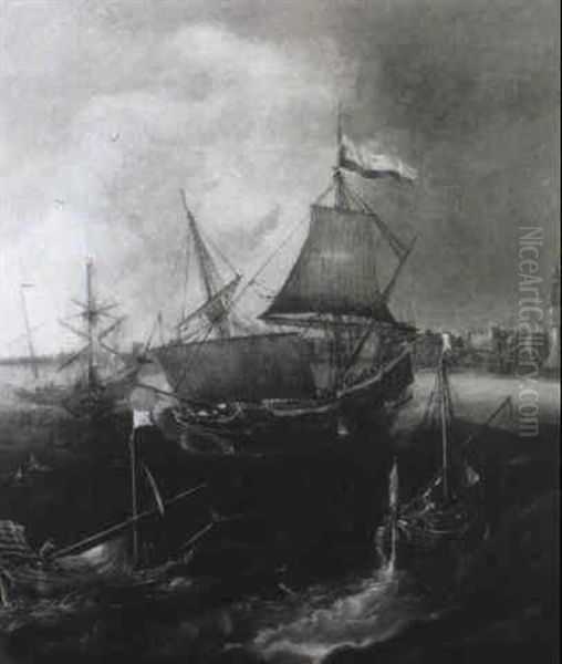 Shipping On The Ij With The Montelbaanstoren Beyond Oil Painting by Andries Van Eertvelt