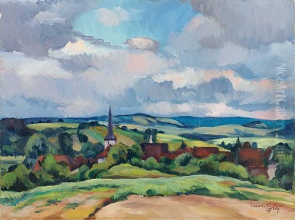Hugelige Fruhlingslandschaft Mit Kirchdorf Oil Painting by Willi Egler