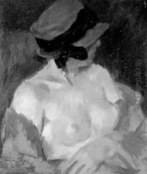 Sitzender Weiblicher Halbakt Mit Rotem Hut Oil Painting by Willi Egler