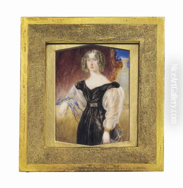 Lady Emma Pennant, Nee Brudenell, In Black Dress With White Gauze Sleeves, A Coloured Shawl Draped Over Her Right Arm Which Rests On A Stone Wall, Her Left Hand, With Gold Wedding Band Oil Painting by William Egley