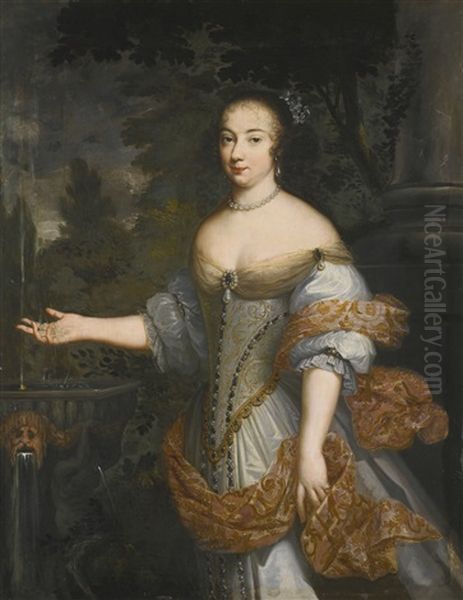 Portrait Of A Lady, Said To Be The Marchioness Of Montchevreuil, Three-quarter-length, Beside A Fountain Oil Painting by Justus van Egmont