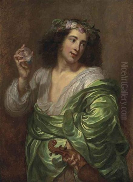 Portrait Of A Young Man In A Green Mantle, With A Miniature Portrait Of A Lady And A Violin Oil Painting by Justus van Egmont