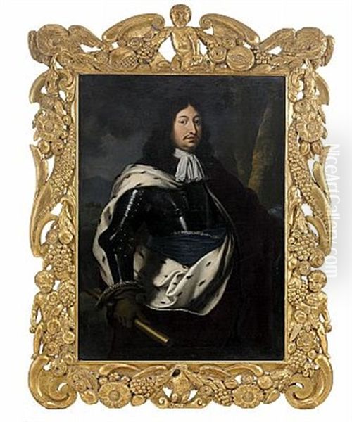 Portratt Av Kung Karl X Gustav Kladd Som Harforare Iford Rustning Och Hermelinbramad Mantel - Knastycke Oil Painting by Justus van Egmont