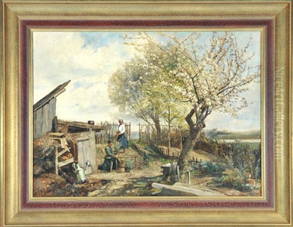 Garten Im Fruhling Mit Schuppen Und Zwei Frauen Bei Der Gartenarbeit Oil Painting by Marie Egner