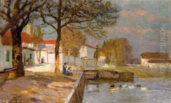 Dorflandschaft Mit Ententeich Oil Painting by Marie Egner