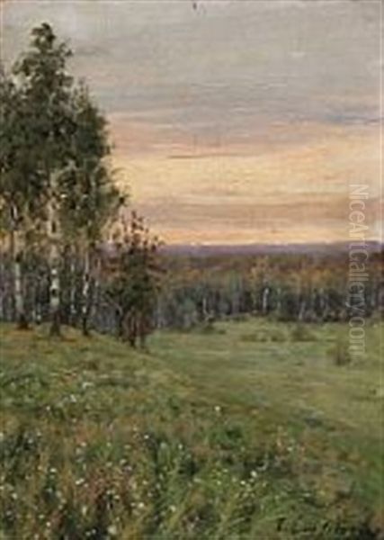 Sunset Over A Russian Beechwood Forest Oil Painting by Sergei Semenovich Egornov