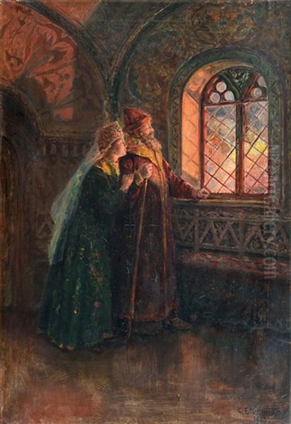 Tsar Alexey Mikhailovich Watching The Fire In Moscow Oil Painting by Sergei Semenovich Egornov