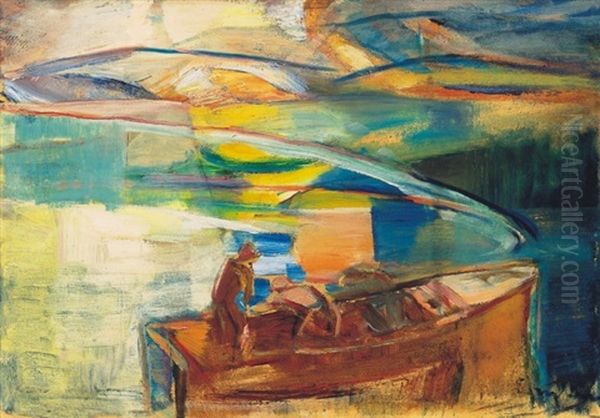 Esti Fenyek A Balatonon - Evening Lights On The Lake Balaton Oil Painting by Jozsef Egry