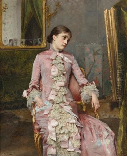 Lady In Pink Oil Painting by Rogelio De Egusquiza Barrena