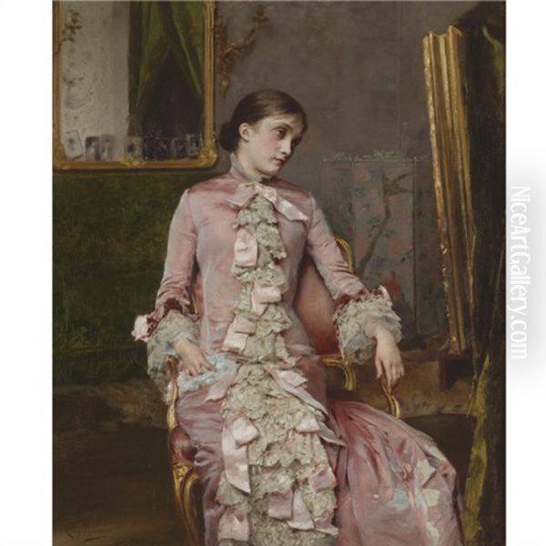 Lady In Pink Oil Painting by Rogelio De Egusquiza Barrena