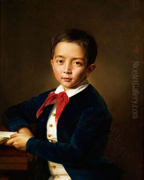 Portrait Eines Knaben Mit Buch Am Tisch Oil Painting by Adrianus Johannes Ehnle