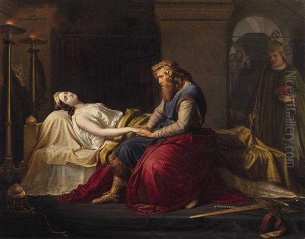 Charlemagne Mourning Over The Death Of His Wife Fastrada Oil Painting by Carl Ludwig Adolf Ehrhardt