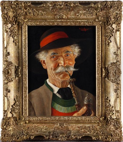 Portrait Of A Man With A Pipe (+ Portrait Of A Man With Playing Cards; Pair) Oil Painting by Erwin Eichinger
