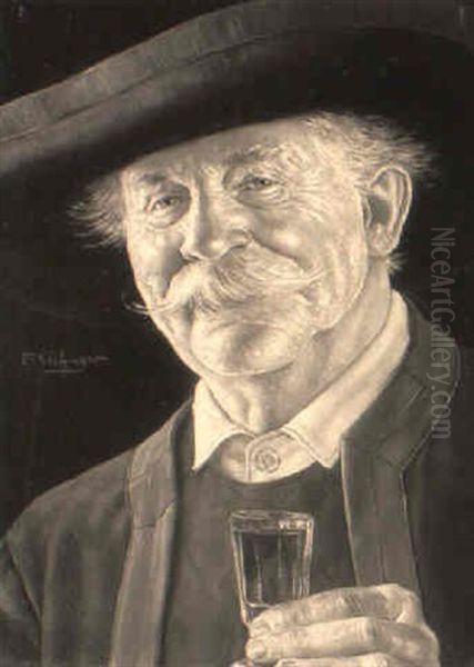 Portrait Of An Elderly Austrian Gentleman With A Glass Of Liquor Oil Painting by Erwin Eichinger