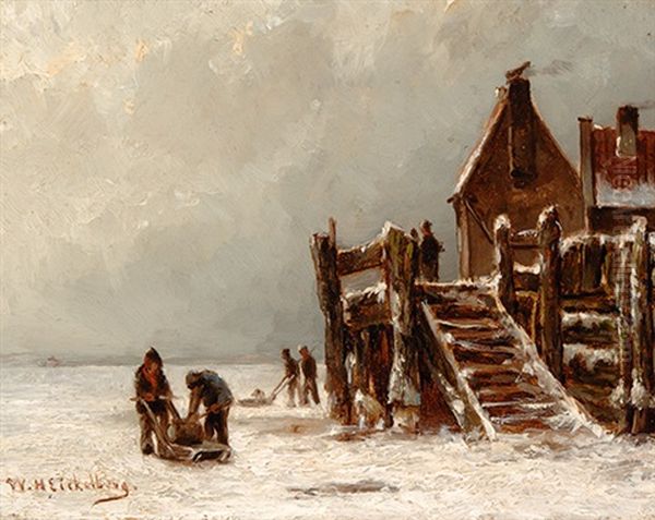 Activity On The Ice Oil Painting by Willem Hendrick Eickelberg