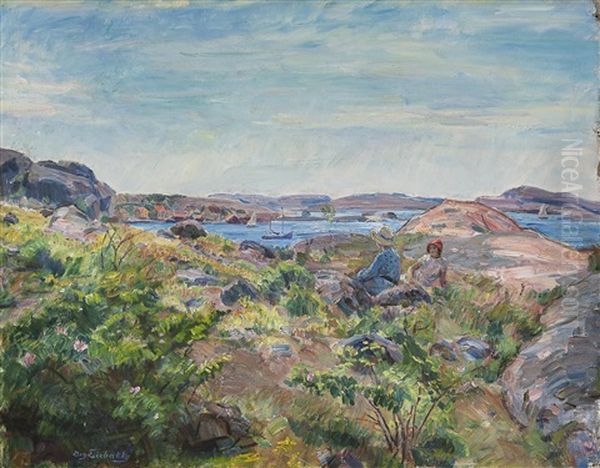 To Kvinner I Sommerlandskap Oil Painting by August Eiebakke
