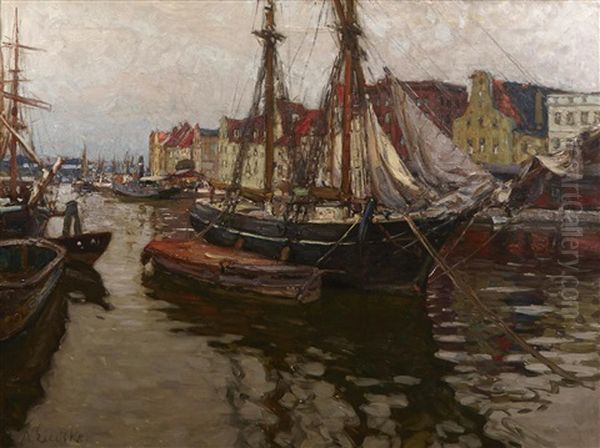 A Port Scene Oil Painting by August Eiebakke