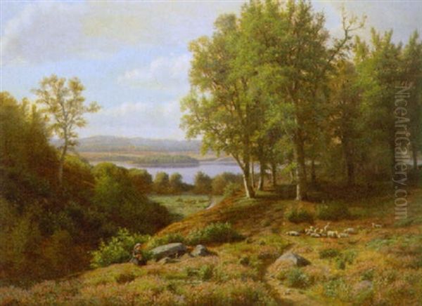 Skovparti Med Lille Pige Der Vogter Far Oil Painting by Eiler Rasmussen Eilersen