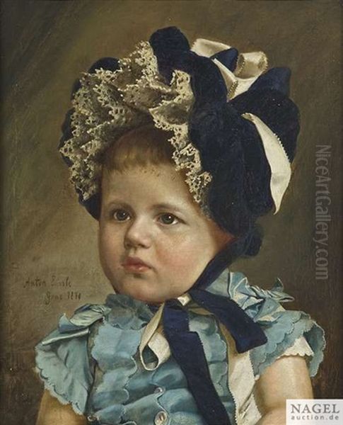 Bildnis Eines Kleinen Madchens In Blauem Kleid Mit Spitzenhaube Oil Painting by Anton Einsle