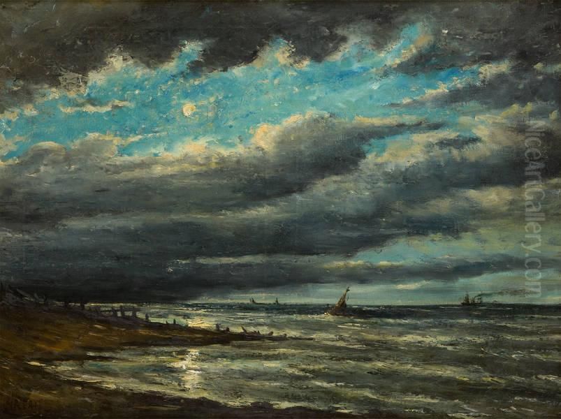 Voilier Et Chalutier Au Clair De Lune Oil Painting by Louis Artan De Saint-Martin