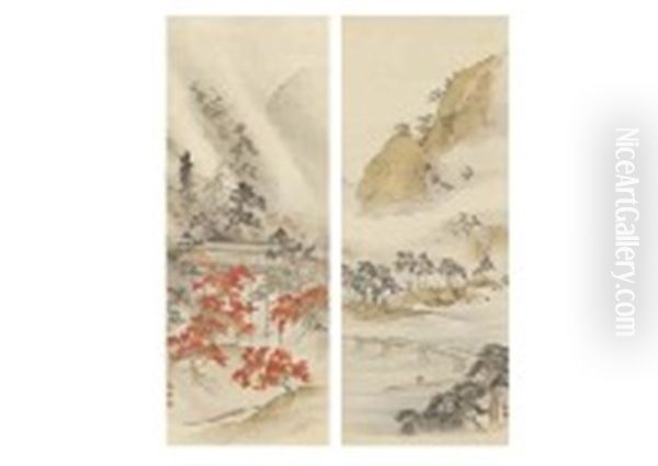 Spring And Autumn In Arashiyama (2 Works) Oil Painting by Satake Eiryo