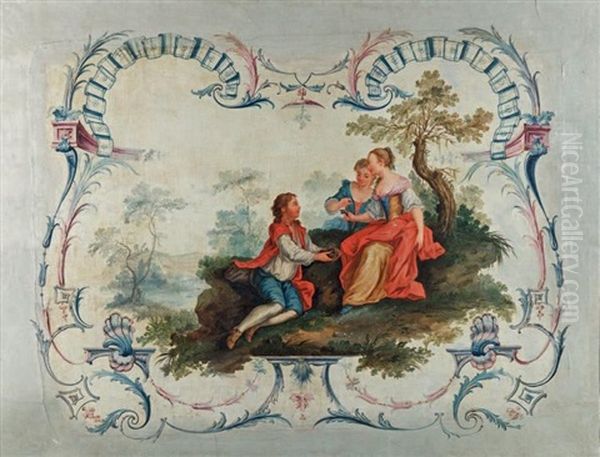 La Pipee Aux Oiseaux Dans Un Cartouche Ornemente De Lambrequins En Gris Et Bleu Oil Painting by Eisen, Charles Joseph Dominique