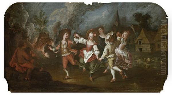 Children Dancing Round A Bonfire Oil Painting by Eisen, Charles Joseph Dominique