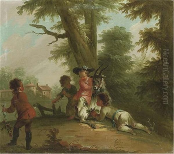 Boys Playing With A Goat Beside A Pond Oil Painting by Eisen, Charles Joseph Dominique