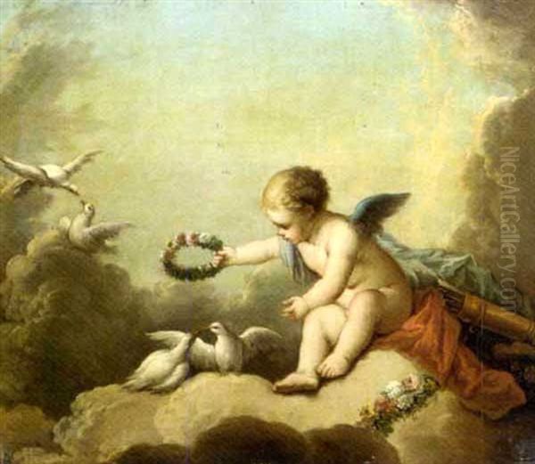 Cupid Playing With Doves Among The Clouds Oil Painting by Eisen, Charles Joseph Dominique