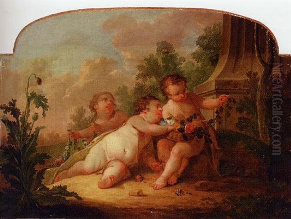 Putti Stringing Flowers In An Ornamental Garden Oil Painting by Eisen, Charles Joseph Dominique