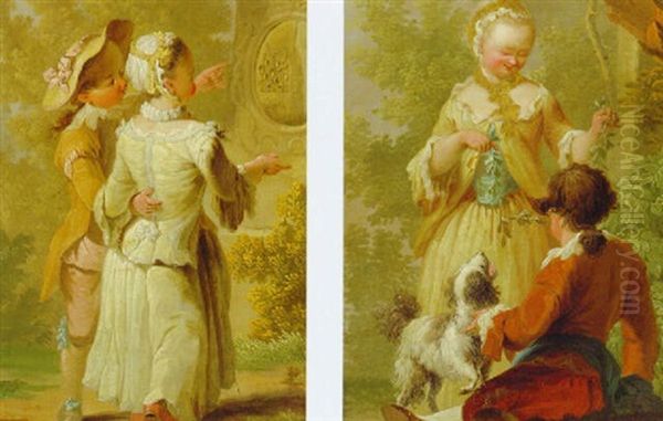 An Amourous Couple Inspecting A Garden Statue Oil Painting by Eisen, Charles Joseph Dominique