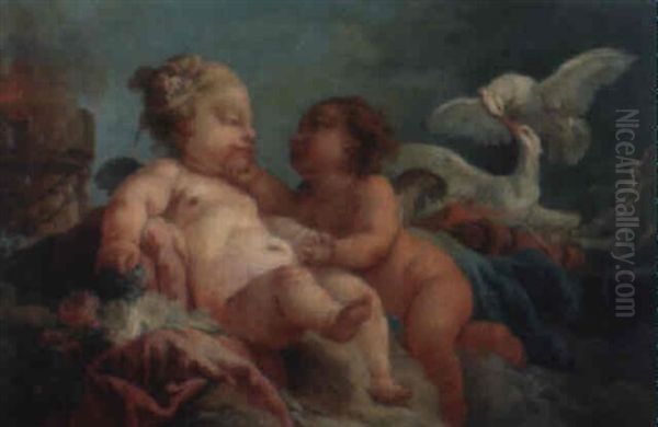Deux Amours Pres D'un Feu Sacre Sur Des Nuages Oil Painting by Eisen, Charles Joseph Dominique