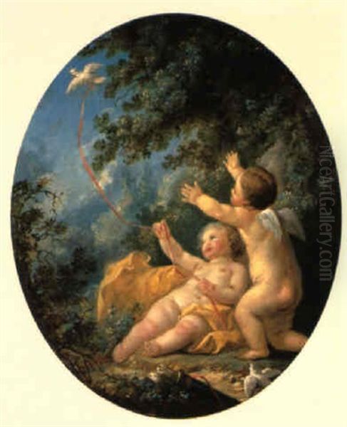 Zwei Amoretten Mit Einer Taube In Einer Waldlandschaft Oil Painting by Eisen, Charles Joseph Dominique