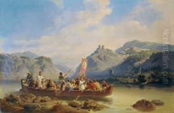 Die Uberfahrt Der Wallfahrer Uber Den Rhein. Oil Painting by Mathias Artaria