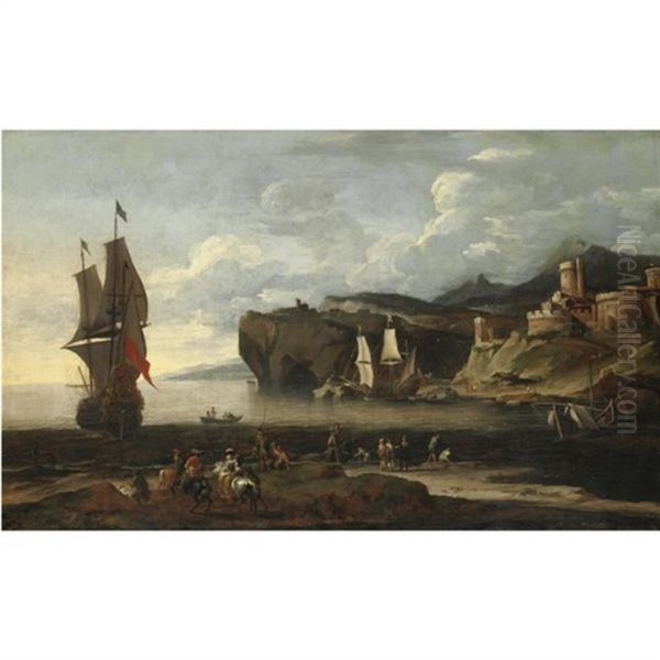 Veduta Costiera Con Imbarcazioni E Cavalieri Oil Painting by Johann Anton Eismann