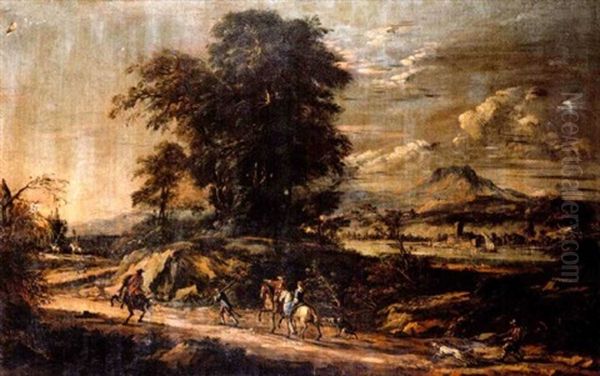 An Extensive Landscape With Travellers And Huntsmen On A Track, A Lake Beyond Oil Painting by Johann Anton Eismann