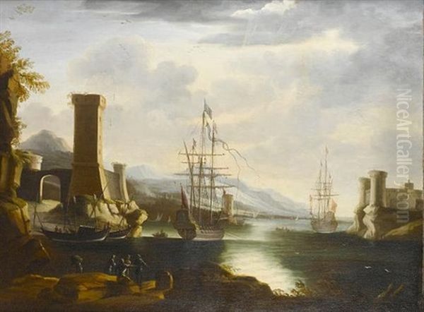 A Mediterranean Harbour With Moored Shipping, A Fortress Beyond And Stevedores On A Bank In The Foreground Oil Painting by Johann Anton Eismann