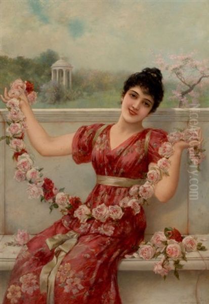 Young Woman With A Chain Of Roses Oil Painting by Emile Eisman-Semenowsky
