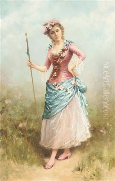 Lady Dressed As A Shepherdess Oil Painting by Emile Eisman-Semenowsky
