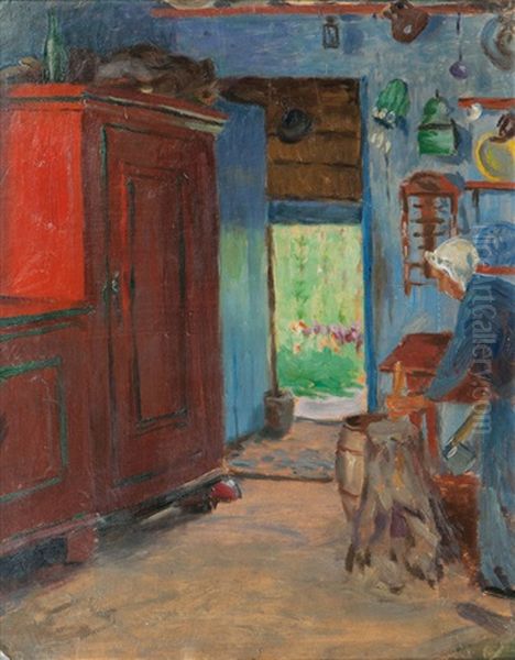 Bauernhaus In Der Probstei - Frau Beim Holzhacken Oil Painting by Ernst (Wilhelm Heinrich E. ) Eitner