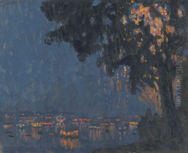 Feuerwerk Auf Der Alster (lampionboote) Oil Painting by Ernst (Wilhelm Heinrich E. ) Eitner