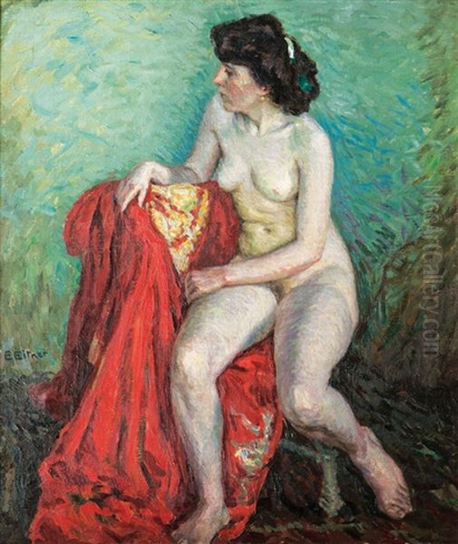Nude With Red Coat Oil Painting by Ernst (Wilhelm Heinrich E. ) Eitner