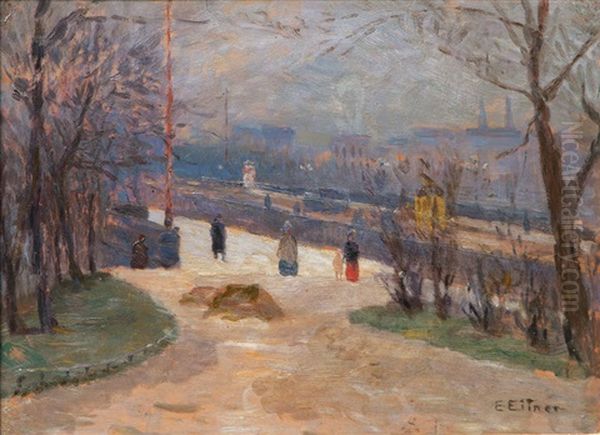 View Over The Lombardsbrucke On The Alsterdamm Oil Painting by Ernst (Wilhelm Heinrich E. ) Eitner