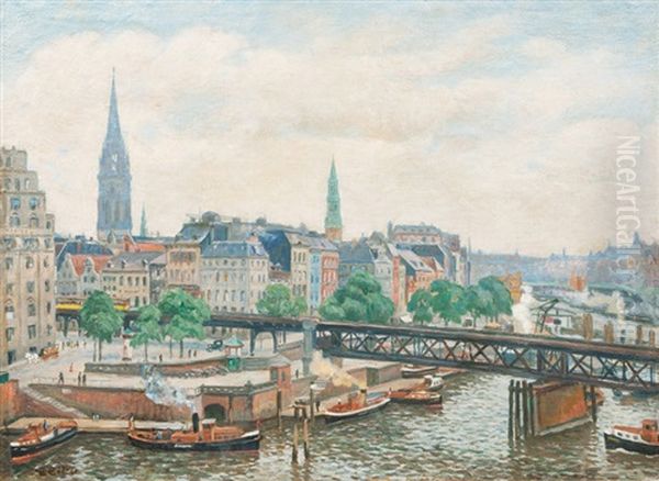 Hamburg, View On The Metro With The Churches St. Nicolai And St. Katharinen Oil Painting by Ernst (Wilhelm Heinrich E. ) Eitner